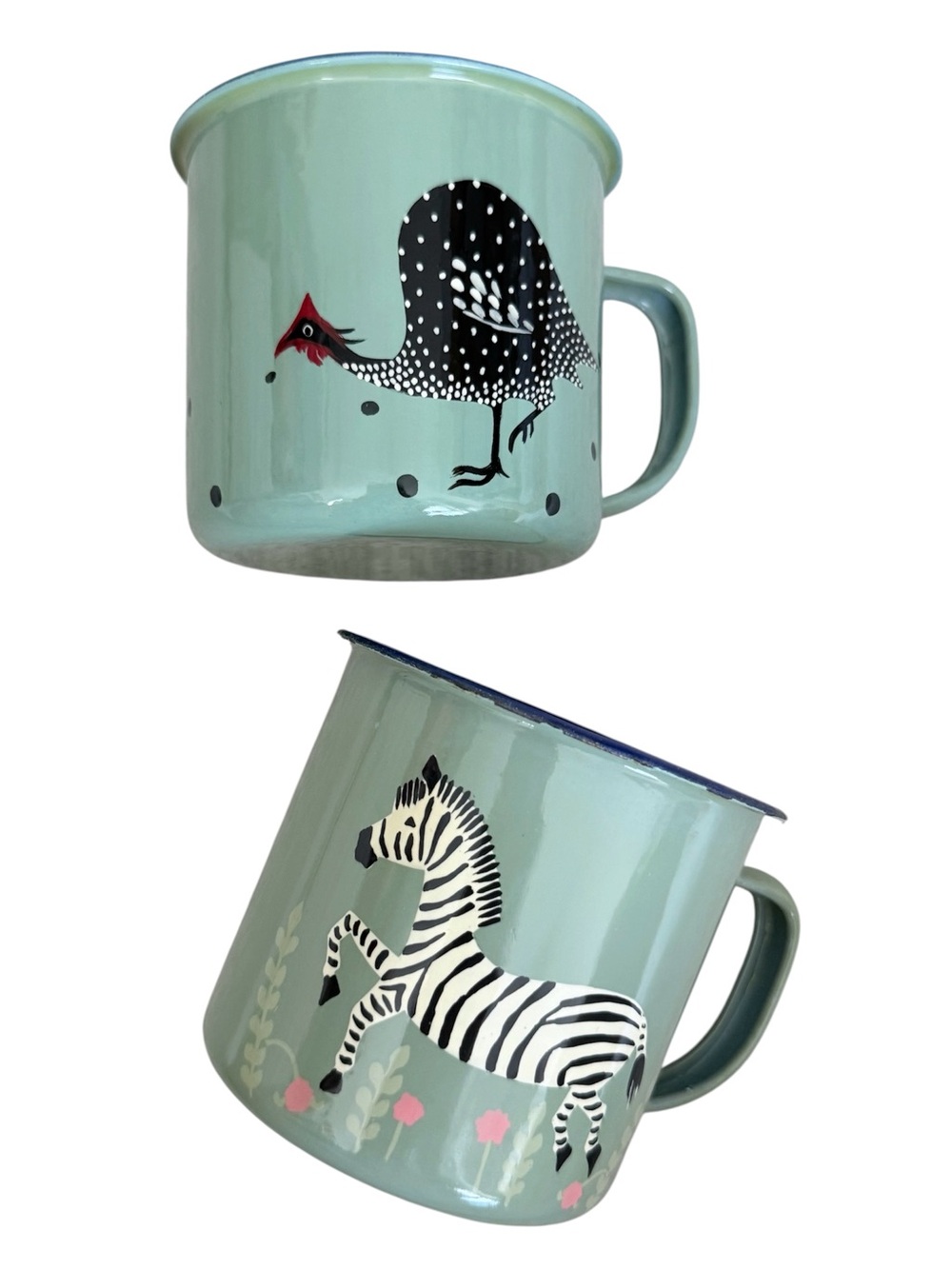 Mint Green Enamel Animal Mug Set - Zebra & Guinea Fowl (G378)